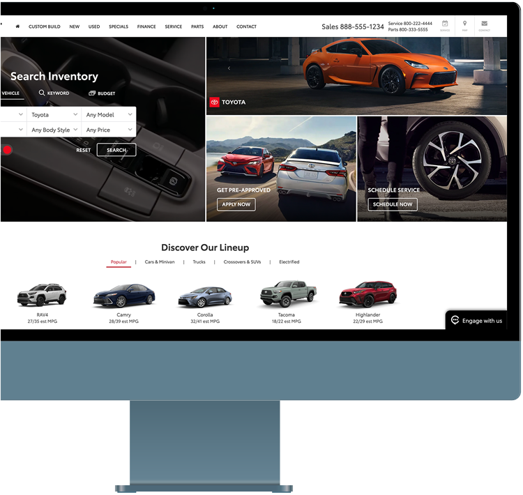 Cosmos Website Platform for car dealerships, shows example of Cosmos car dealership website homepage